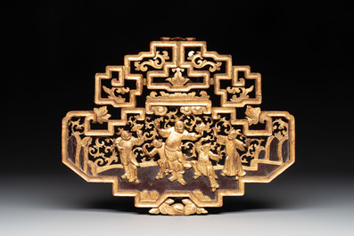 11 Chinese gilt-lacquered carved wooden panels with narrative design, 19th C.