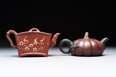 Seven Chinese Yixing stoneware teapots, two cups and a covered box, 20th C.
