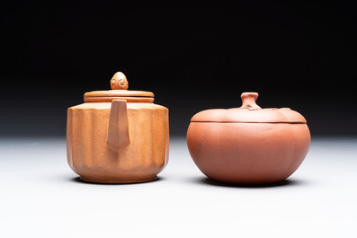 Seven Chinese Yixing stoneware teapots, two cups and a covered box, 20th C.