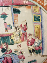 A large Chinese famille rose coral-red-ground fish bowl with narrative design, 19th C.