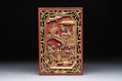 11 Chinese gilt-lacquered carved wooden panels with narrative design, 19th C.