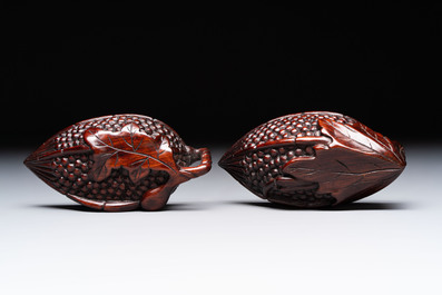 12 various Chinese carved huali and hongmu fruit-form covered boxes, 20th C.