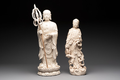A Chinese Dehua blanc de Chine monk and a Guanyin, He Chaozong 何朝宗 and Dehua 德化 marks, 20th C.