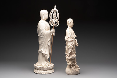 A Chinese Dehua blanc de Chine monk and a Guanyin, He Chaozong 何朝宗 and Dehua 德化 marks, 20th C.