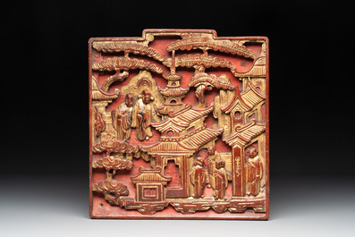 11 Chinese gilt-lacquered carved wooden panels with narrative design, 19th C.