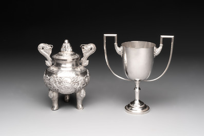 A Chinese or Vietnamese silver covered tripod censer and a Chinese silver trophy-form &lsquo;Lin Zhi Cheng Xiang 麟趾呈祥&rsquo; goblet, 19/20th C.