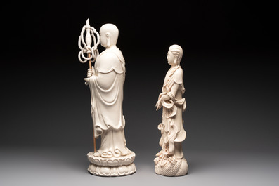 A Chinese Dehua blanc de Chine monk and a Guanyin, He Chaozong 何朝宗 and Dehua 德化 marks, 20th C.
