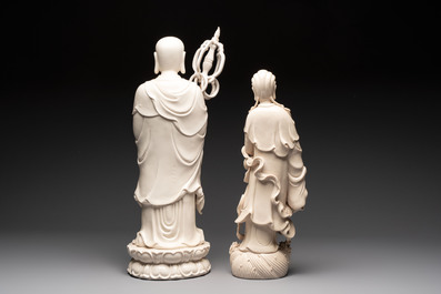 A Chinese Dehua blanc de Chine monk and a Guanyin, He Chaozong 何朝宗 and Dehua 德化 marks, 20th C.