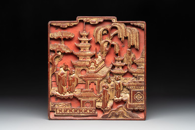 11 Chinese gilt-lacquered carved wooden panels with narrative design, 19th C.