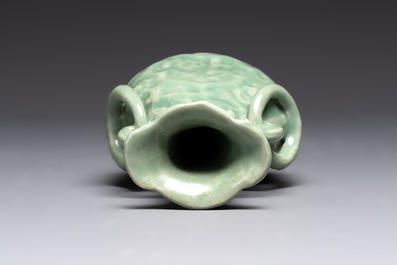 A Chinese Longquan celadon 'shou' vase with handles, Ming