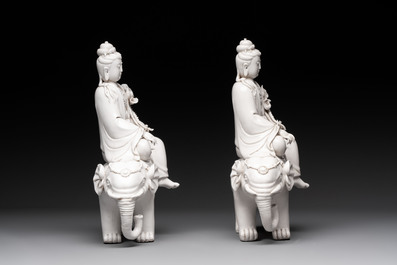 Two Chinese Dehua blanc de Chine sculptures of the Guanyin seated on an elephant, He Chaozong 何朝宗 and Dehua 德化 marks, 20th C.
