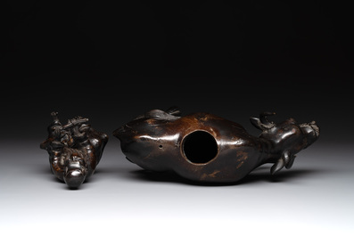 A Japanese gold-splashed bronze incense burner in the shape of an immortal riding a buffalo, ​​Kin San Sō On 金産宗音製造 mark, Meiji, 19th C.