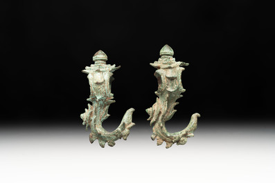 Three palanquin hooks, a bronze sculpture of naga Mucalinda and an elephant-form kendi, Cambodia, 13th C. and earlier