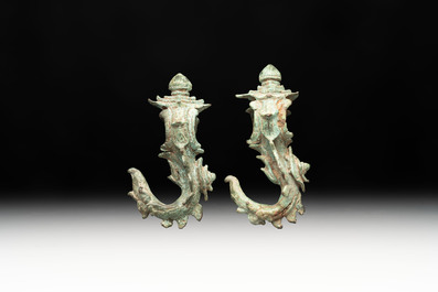 Three palanquin hooks, a bronze sculpture of naga Mucalinda and an elephant-form kendi, Cambodia, 13th C. and earlier
