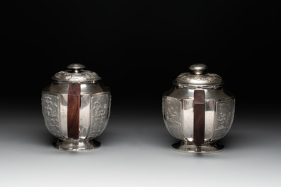 Two Vietnamese silver teapots and a covered sugar bowl, marked Donghung, ca. 1900
