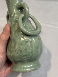 A Chinese Longquan celadon 'shou' vase with handles, Ming