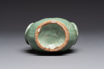 A Chinese Longquan celadon 'shou' vase with handles, Ming