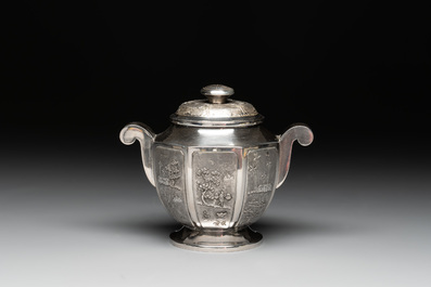 Two Vietnamese silver teapots and a covered sugar bowl, marked Donghung, ca. 1900