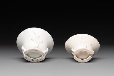 Two Chinese Dehua blanc de Chine wine cups and a figure of Liuhai, 18/19th C.