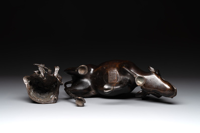 A Japanese gold-splashed bronze incense burner in the shape of an immortal riding a buffalo, ​​Kin San Sō On 金産宗音製造 mark, Meiji, 19th C.