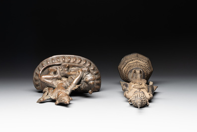 A bronze Simhanada Lokeshvara seated on a Buddhist lion and a Buddha, Southeast Asia, 19th C.