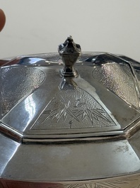 A Chinese silver covered teapot, sugar jar and milk jug with bamboo design, Tackhing 90% silver mark, 20th C.