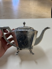 A Chinese silver covered teapot, sugar jar and milk jug with bamboo design, Tackhing 90% silver mark, 20th C.