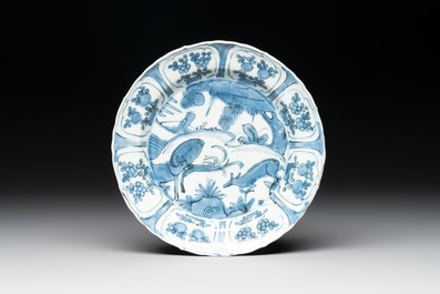 A Chinese blue and white 'Kraak' dish and a plate with deer and birds, Wanli