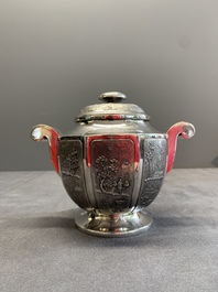 Two Vietnamese silver teapots and a covered sugar bowl, marked Donghung, ca. 1900