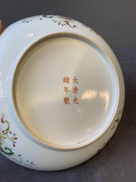 A Chinese famille rose yellow-ground 'Antiquities' plate, Guangxu mark, 19/20th C.