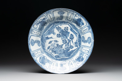 A Chinese blue and white 'Kraak' dish and a plate with deer and birds, Wanli