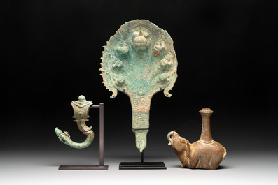 Three palanquin hooks, a bronze sculpture of naga Mucalinda and an elephant-form kendi, Cambodia, 13th C. and earlier