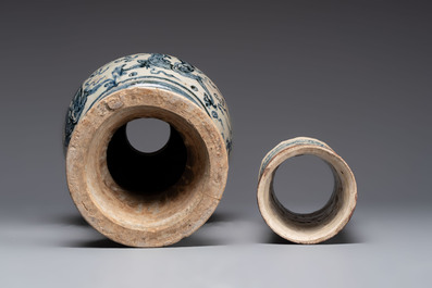 A large Annamese or Vietnamese blue and white inscribed two-piece altar vase, 16th C.