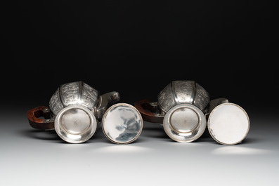 Two Vietnamese silver teapots and a covered sugar bowl, marked Donghung, ca. 1900
