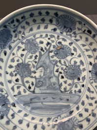 A Chinese blue and white 'phoenix' dish and two 'Buddhist lion' and 'peony' plates, Hongzhi/Zhengde