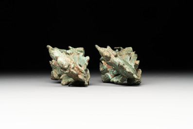 Three palanquin hooks, a bronze sculpture of naga Mucalinda and an elephant-form kendi, Cambodia, 13th C. and earlier