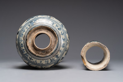 A large Annamese or Vietnamese blue and white inscribed two-piece altar vase, 16th C.