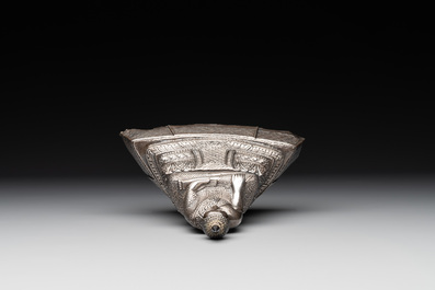A Cambodian silver repouss&eacute; Buddha with inscription, 19th C.