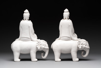 Two Chinese Dehua blanc de Chine sculptures of the Guanyin seated on an elephant, He Chaozong 何朝宗 and Dehua 德化 marks, 20th C.