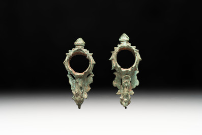 Three palanquin hooks, a bronze sculpture of naga Mucalinda and an elephant-form kendi, Cambodia, 13th C. and earlier
