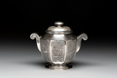 Two Vietnamese silver teapots and a covered sugar bowl, marked Donghung, ca. 1900