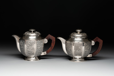 Two Vietnamese silver teapots and a covered sugar bowl, marked Donghung, ca. 1900