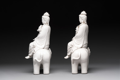 Two Chinese Dehua blanc de Chine sculptures of the Guanyin seated on an elephant, He Chaozong 何朝宗 and Dehua 德化 marks, 20th C.