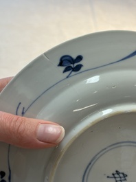Seven Chinese blue and white plates with floral design, Kangxi