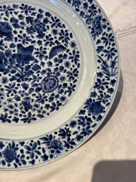 A pair of Chinese blue and white dishes with floral design, Chenghua mark, Kangxi