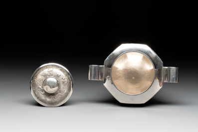 Two Vietnamese silver teapots and a covered sugar bowl, marked Donghung, ca. 1900