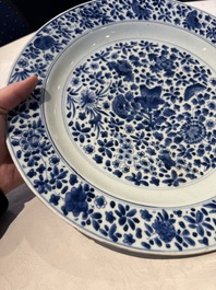 A pair of Chinese blue and white dishes with floral design, Chenghua mark, Kangxi