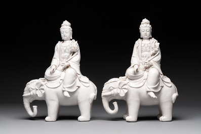 Two Chinese Dehua blanc de Chine sculptures of the Guanyin seated on an elephant, He Chaozong 何朝宗 and Dehua 德化 marks, 20th C.