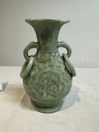 A Chinese Longquan celadon 'shou' vase with handles, Ming