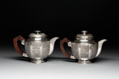 Two Vietnamese silver teapots and a covered sugar bowl, marked Donghung, ca. 1900
